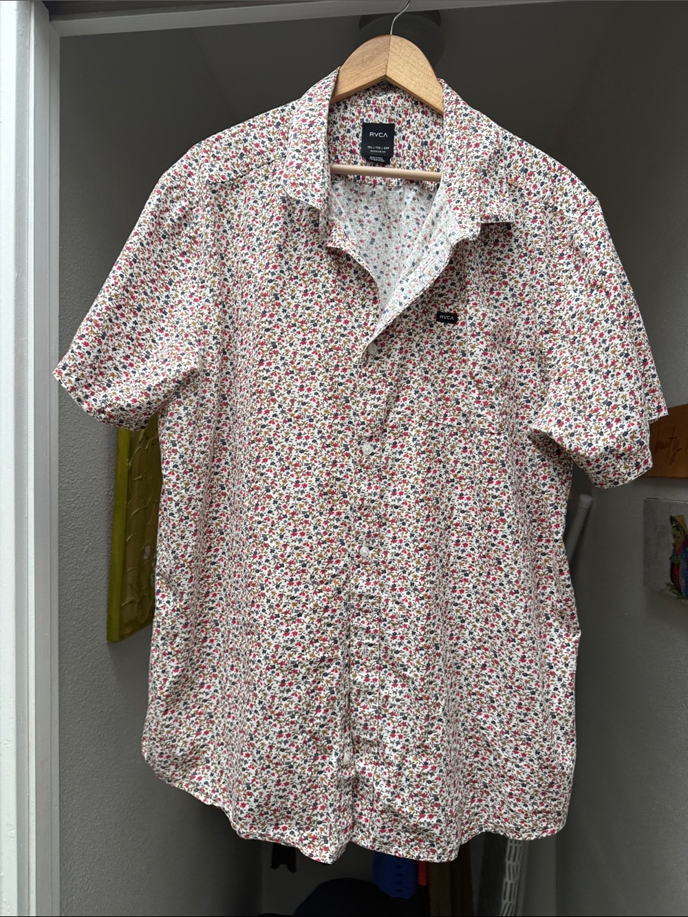 RVCA White Short-Sleeve Button-Down Shirt with Red & Green Floral Print